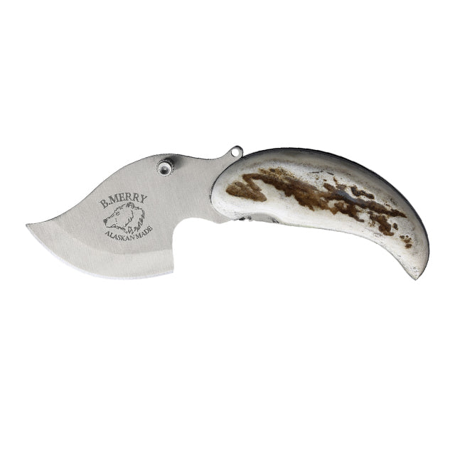 Pocket Ulu Folding Knife with Polished Caribou Antler Handle