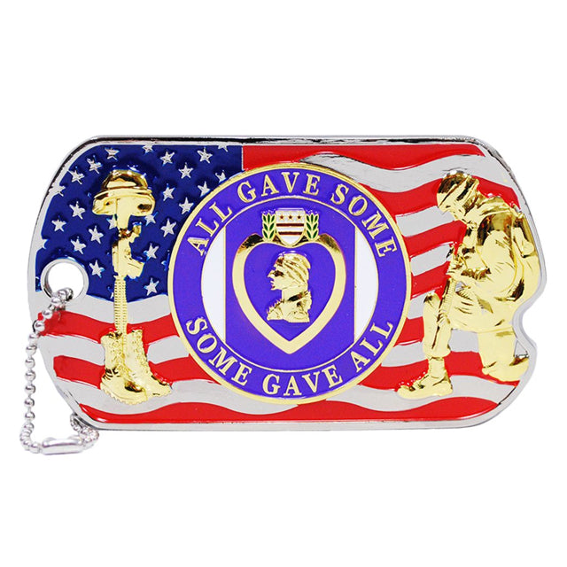 Purple Heart All Gave Some, Some Gave All U.S. Flag Dog Tag-Shaped Pewter Embossed Collectible Belt Buckle