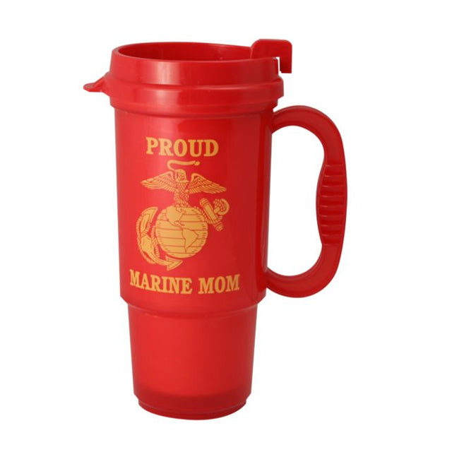 Proud Marine Mom Travel Coffee Mug & Lid, Red