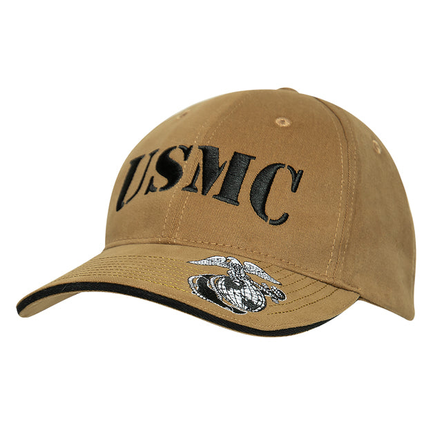 USMC Baseball Cap with EGA Embroidered Bill, OD Green or Coyote Brown