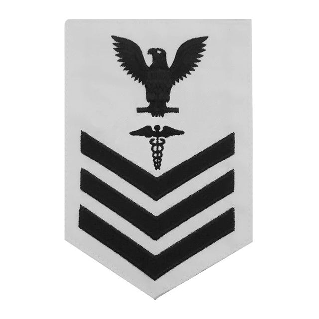 U.S. Navy Hospital Corpsman (HM) Rating Patch, White (Tailored to E-4, E-5, or E-6)